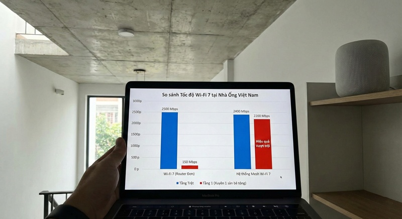 Biểu đồ so sánh tốc độ Wi-Fi 7 tại nhà ống Việt Nam, cho thấy tốc độ giảm mạnh khi xuyên 1 sàn bê tông và hiệu quả vượt trội của hệ thống Mesh Wi-Fi 7