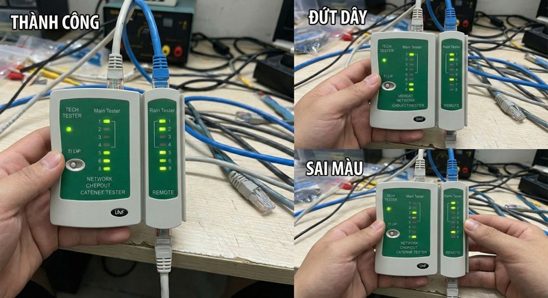 Cách đọc đèn trên máy test mạng để xác định lỗi bấm dây: thành công, đứt dây, hoặc sai màu