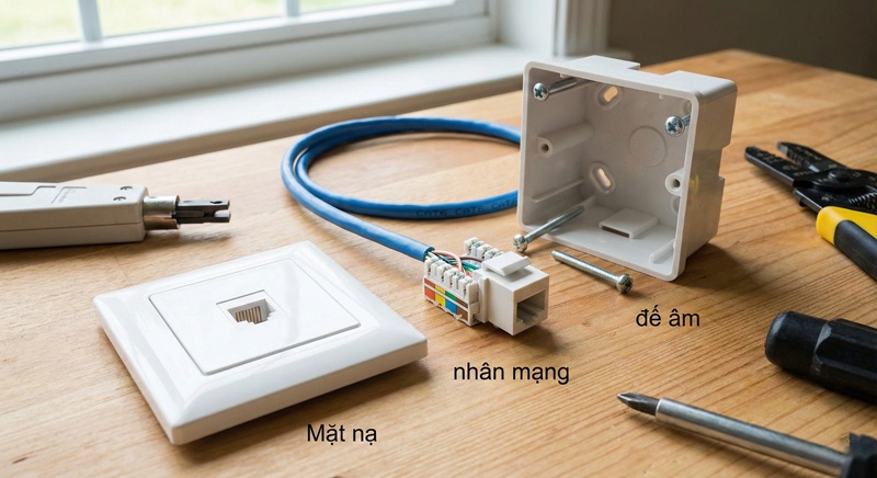 Cấu tạo chi tiết của một bộ ổ cắm mạng âm tường gồm mặt nạ, nhân mạng và đế âm