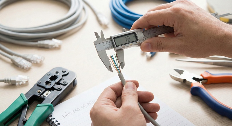 Đo khoảng cách vàng 1.2cm từ vỏ cáp đến đầu dây mạng trước khi cắt để đảm bảo độ bền