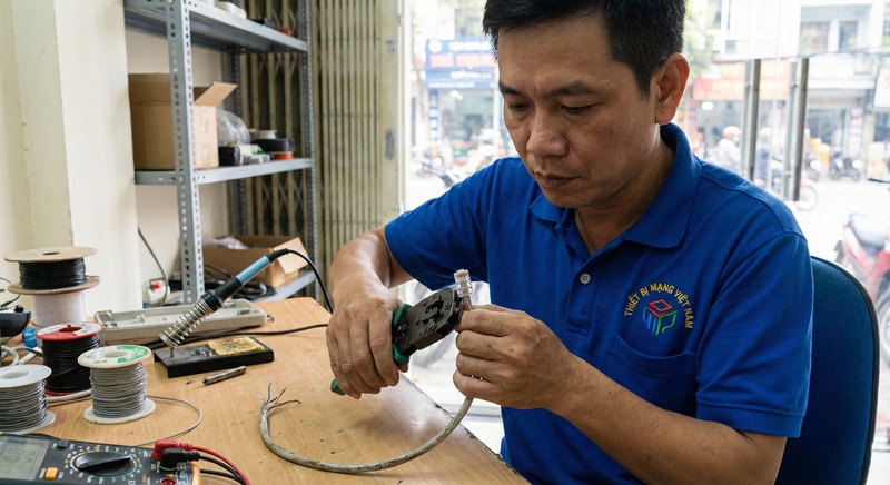 Hình ảnh kỹ thuật viên thietbimangvietnam.vn đang bấm đầu mạng RJ45 vào dây điện thoại cũ