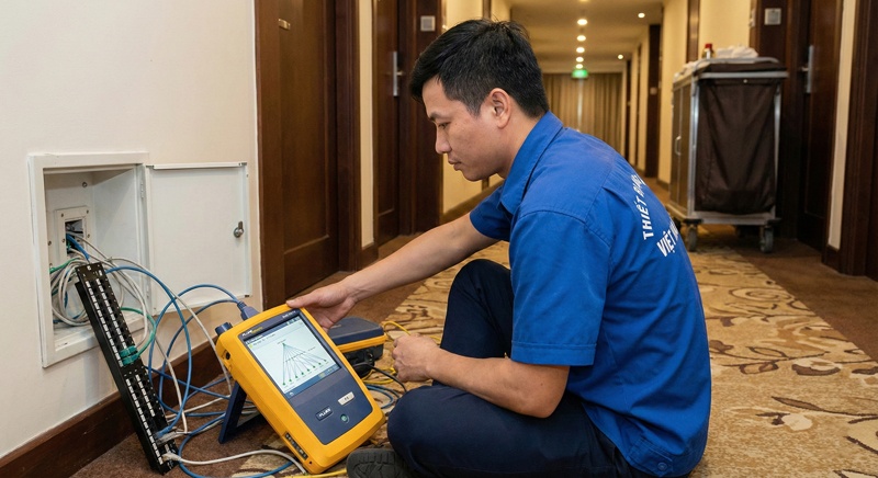 Hình ảnh kỹ thuật viên thietbimangvietnam.vn sử dụng máy test để xử lý hệ thống mạng tại khách sạn