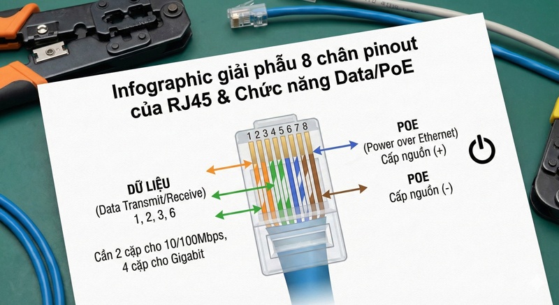 Infographic giải phẫu 8 chân pinout của RJ45, giải thích chức năng truyền dữ liệu và cấp nguồn PoE