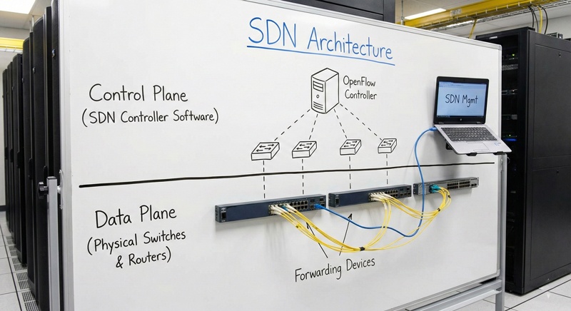 Kiến trúc Software-Defined Networking (SDN) minh họa việc tách biệt lớp điều khiển (Control Plane) và lớp dữ liệu (Data Plane) trong hạ tầng mạng