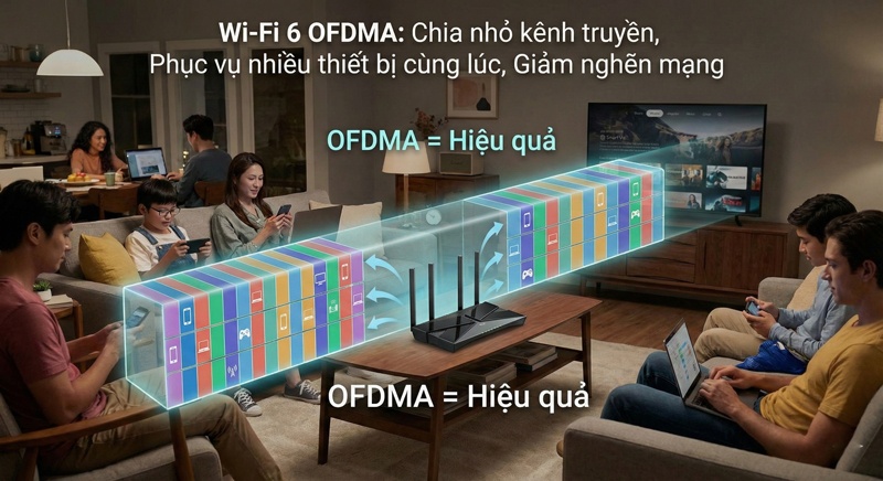 Minh họa công nghệ OFDMA của Wi-Fi 6 giúp chia nhỏ kênh truyền để phục vụ nhiều thiết bị cùng lúc, giảm nghẽn mạng
