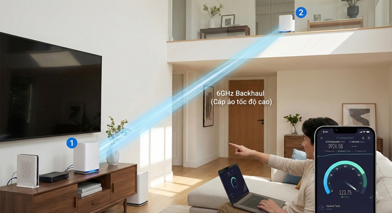 Mô hình hệ thống Mesh Wi-Fi 7 sử dụng băng tần 6GHz làm đường truyền dẫn backhaul không dây, hoạt động như một sợi cáp ảo tốc độ cao nối các node mạng trong nhà tầng