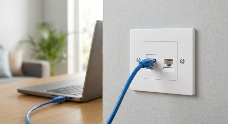 Ổ cắm mạng âm tường đã được lắp đặt hoàn thiện, sẵn sàng sử dụng