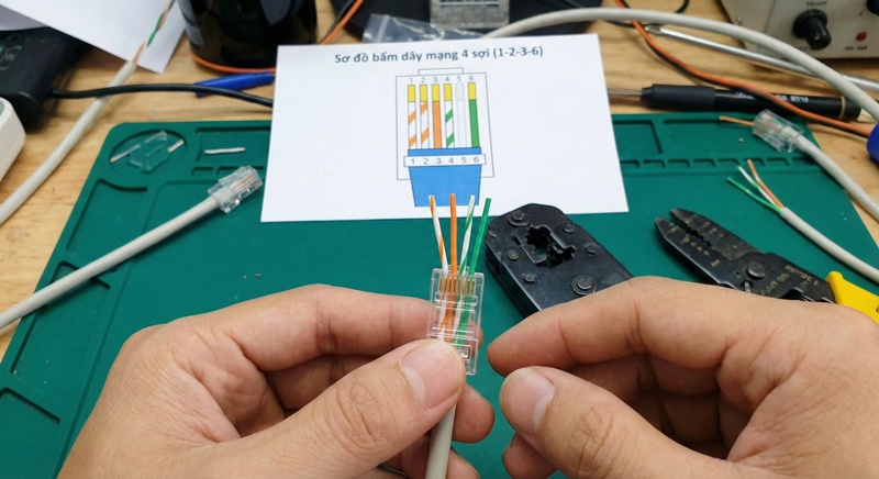 Sơ đồ chi tiết cách bấm dây mạng 4 sợi vào đúng các chân 1-2-3-6 trên hạt mạng RJ45