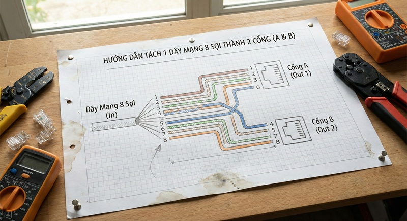 Sơ đồ hướng dẫn kỹ thuật tách 1 dây mạng 8 sợi thành 2 cổng mạng A và B riêng biệt