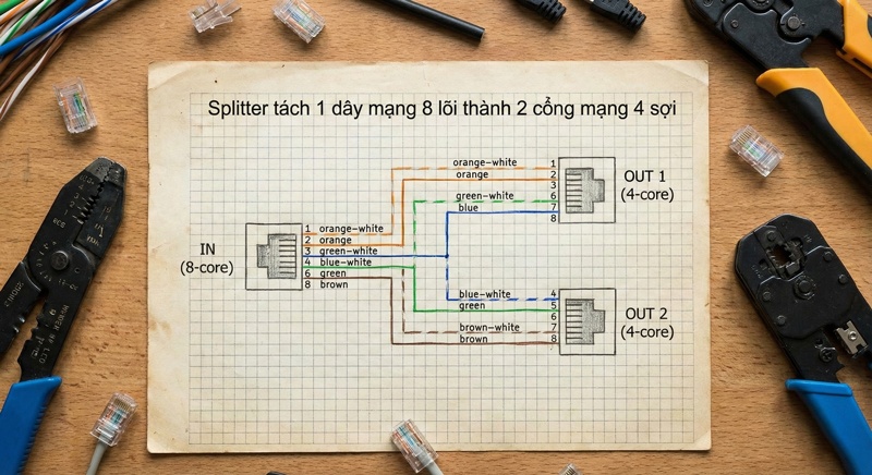 Sơ đồ kỹ thuật Splitter tách 1 dây mạng 8 lõi thành 2 cổng mạng 4 sợi riêng biệt