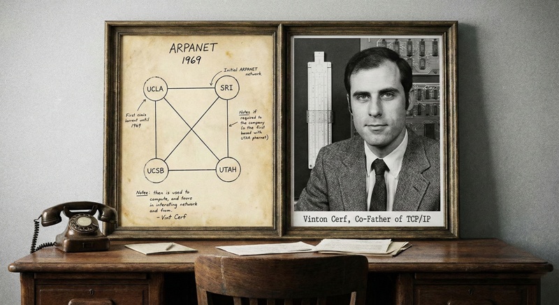 Sơ đồ mạng ARPANET sơ khai năm 1969 và chân dung Vint Cerf, một trong những cha đẻ của giao thức TCP/IP