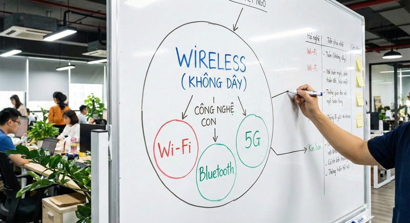 Sơ đồ minh họa Wi-Fi, Bluetooth, 5G là các công nghệ con nằm trong khái niệm bao trùm là Wireless