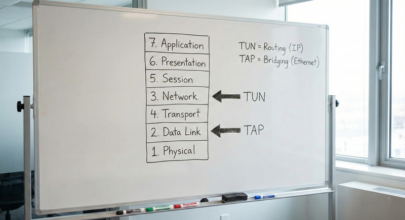 Sơ đồ phân biệt cơ chế hoạt động của driver TUN Layer 3 và TAP Layer 2 trong OpenVPN