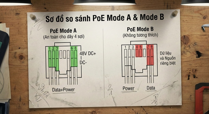 Sơ đồ so sánh PoE Mode A (an toàn cho dây 4 sợi) và PoE Mode B (không tương thích)