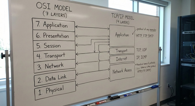 Sơ đồ so sánh chi tiết 7 lớp của mô hình OSI và 4 lớp tương ứng của bộ giao thức TCP/IP trong kiến trúc network