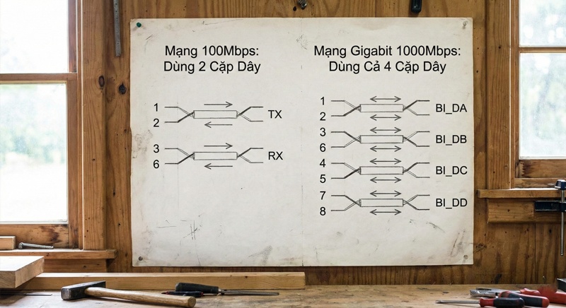 Sơ đồ so sánh luồng dữ liệu của mạng 100Mbps chỉ dùng 2 cặp dây và mạng Gigabit 1000Mbps dùng cả 4 cặp dây