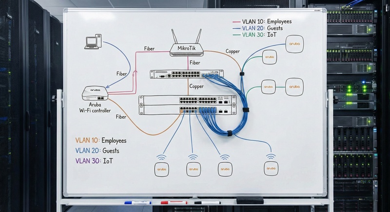 Sơ đồ topology mạng cho doanh nghiệp với router Mikrotik, core switch Cisco, phân chia 3 VLAN và kết nối tới hệ thống Wi-Fi Aruba