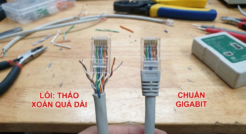 So sánh đầu mạng bấm lỗi kỹ thuật do tháo xoắn quá dài và đầu mạng bấm đạt chuẩn Gigabit