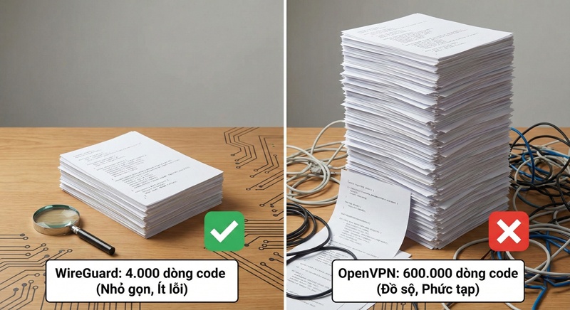 So sanh do phuc tap codebase giua WireGuard 4000 dong code va OpenVPN 600000 dong code