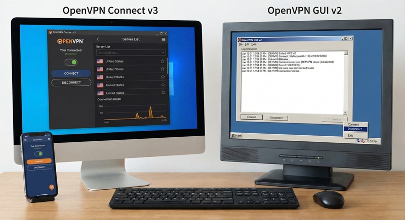 So sanh giao dien OpenVPN Connect v3 hien dai va OpenVPN GUI v2 co dien