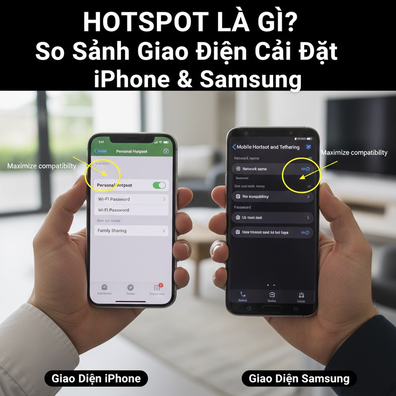 So sánh giao diện cài đặt hotspot là gì trên iPhone và Samsung