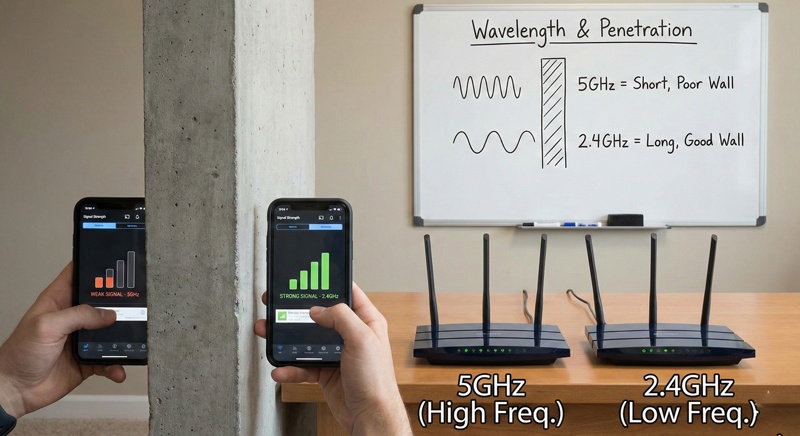 So sánh sóng tần số cao 5GHz bước sóng ngắn xuyên tường kém và sóng tần số thấp 2.4GHz bước sóng dài xuyên tường tốt hơn.