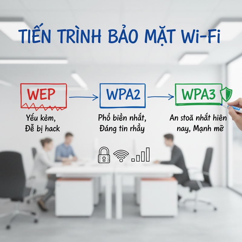 Tiến trình phát triển của các chuẩn bảo mật Wi-Fi từ WEP yếu kém, WPA2 phổ biến đến WPA3 an toàn nhất hiện nay.