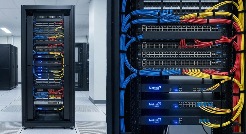 Tủ rack mạng doanh nghiệp chuyên nghiệp với các thiết bị switch, router và firewall được lắp đặt ngăn nắp, sẵn sàng cho hiệu suất cao