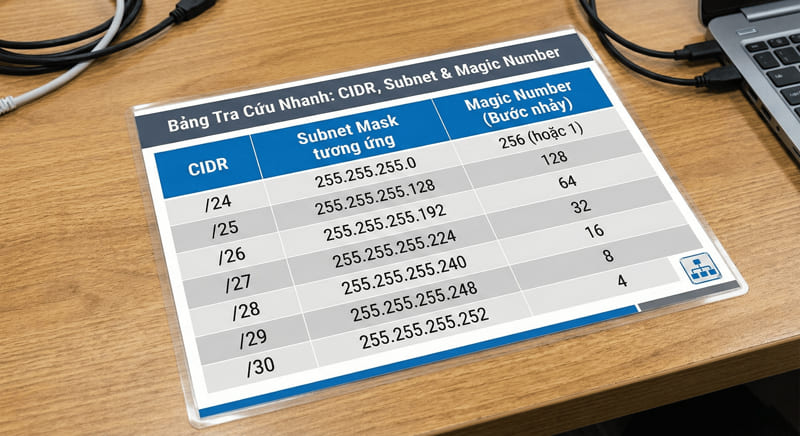 Bảng tra cứu nhanh CIDR và Magic Number giúp tính nhẩm Subnetting cho kỹ sư mạng