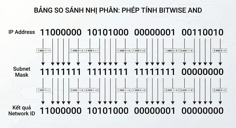 Infographic giải thích phép toán AND nhị phân để xác định địa chỉ mạng.