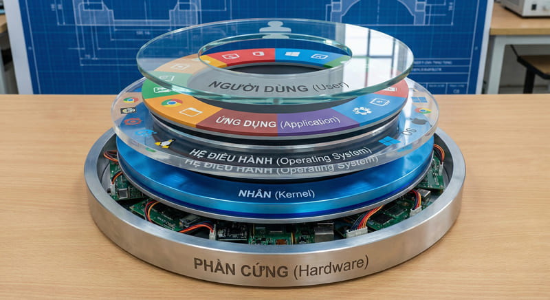 Sơ đồ cấu trúc phân lớp phần mềm máy tính từ phần cứng đến người dùng