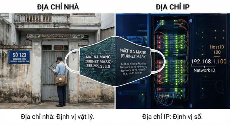 Sơ đồ minh họa cấu trúc địa chỉ IP phân tách Network ID và Host ID bằng Subnet Mask