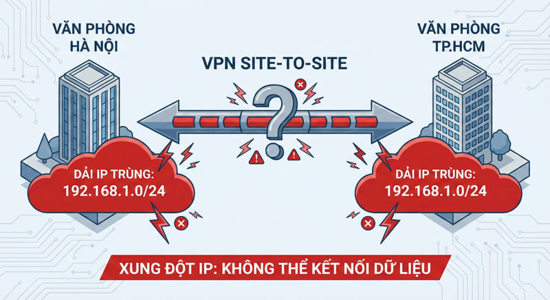 Sơ đồ minh họa lỗi xung đột IP (Overlapping Subnets) gây sự cố đường truyền VPN.