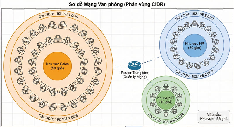 Sơ đồ phân chia Subnet và quy hoạch IP bằng VLSM cho văn phòng 100 nhân viên