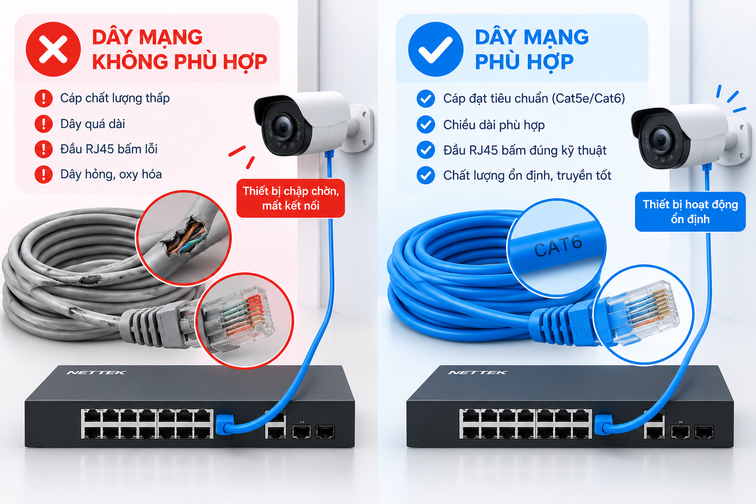 Dây mạng không phù hợp ảnh hưởng đến hệ thống Switch PoE
